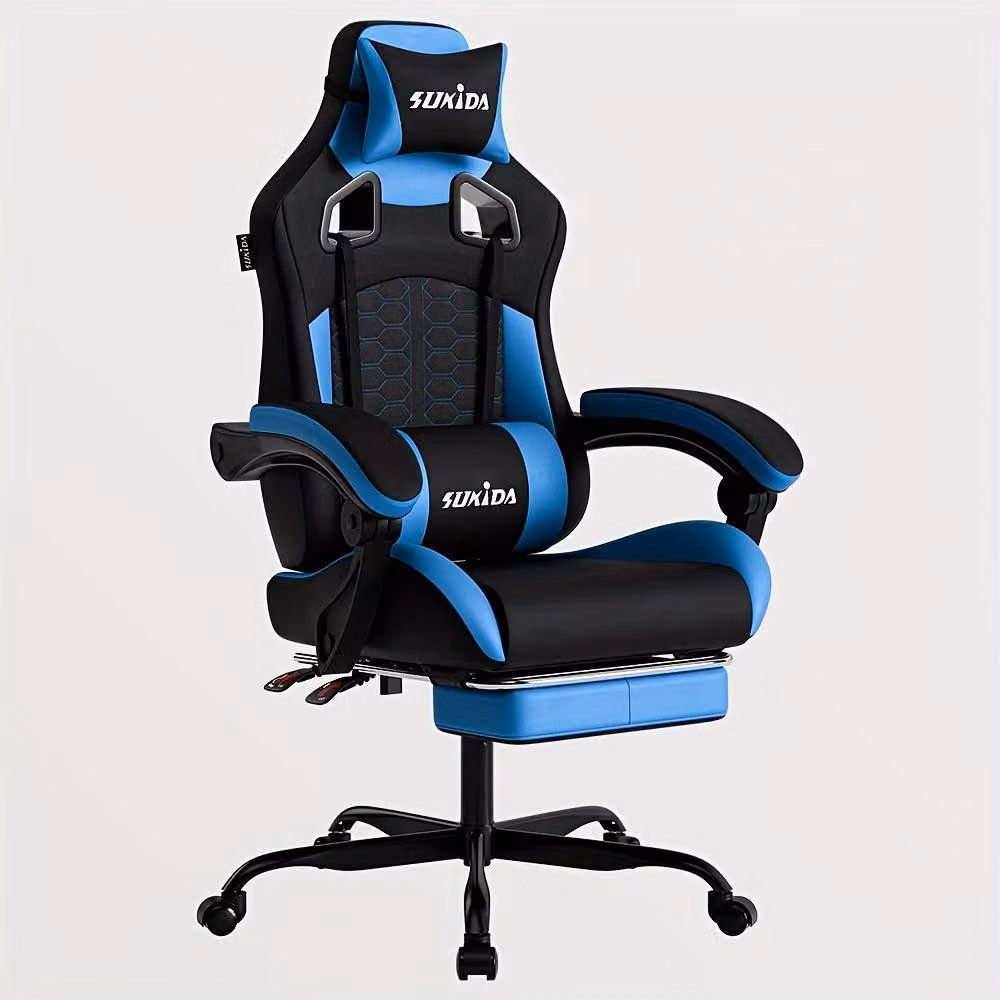 Sedia da gaming ergonomica per eSports, con poggiapiedi in ecopelle, disponibile nei colori nero e blu