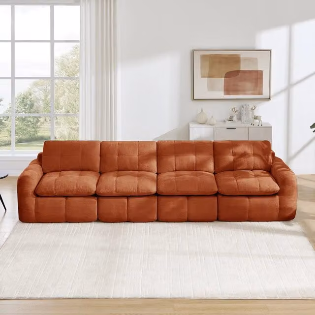 Divano 4 posti ¨C Minimal ¨C arancione, tessuto chenille, morbido imbottito, senza montaggio