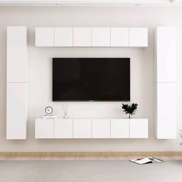 Set di mobili porta TV vidaXL in legno multistrato bianco opaco da 10 pezzi per soggiorno con montaggio a parete