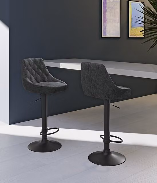 Sgabello moderno E-Stylo Aosom con seduta in microfibra grigia e struttura in metallo nero, altezza regolabile a gas, L: 45 cm, P: 50 cm, H: 84-100 cm