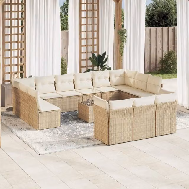 Set di divani da giardino VIDAXL in polyrattan beige con cuscini, composizione a forma di U, 14 pezzi