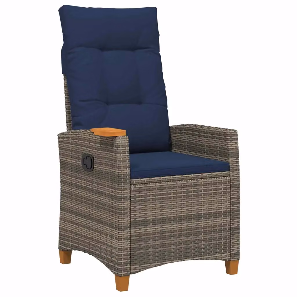 Divano Sedia-Poltrona reclinabile con tavolino in polyrattan e metallo per giardino, Colore: Grigio e Blu, H: 112 cm, L: 64 cm, P: 62 cm – 2