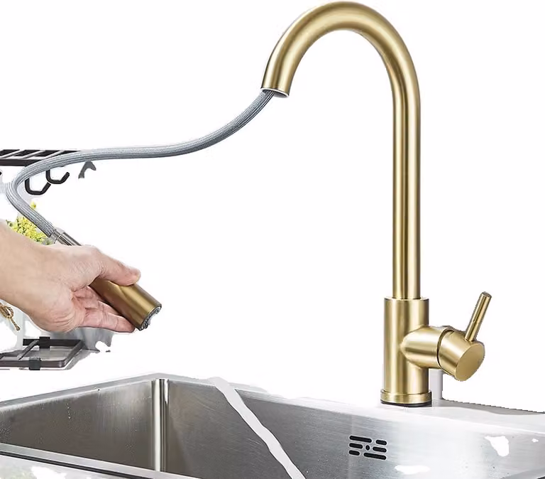Rubinetto da cucina, doccetta estraibile flessibile, miscelatore acqua fredda e calda, pennello oro