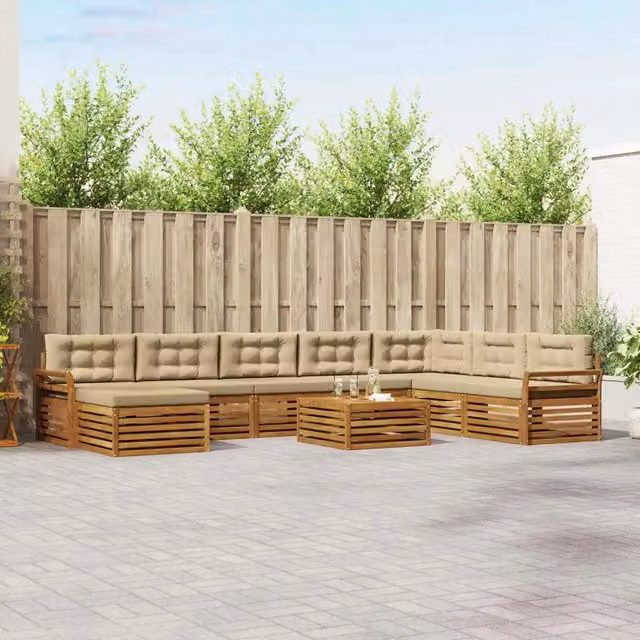 Set di divani da esterno a L vidaXL in legno di acacia con tavolo da caffè e pouf, Beige e Marrone – 1