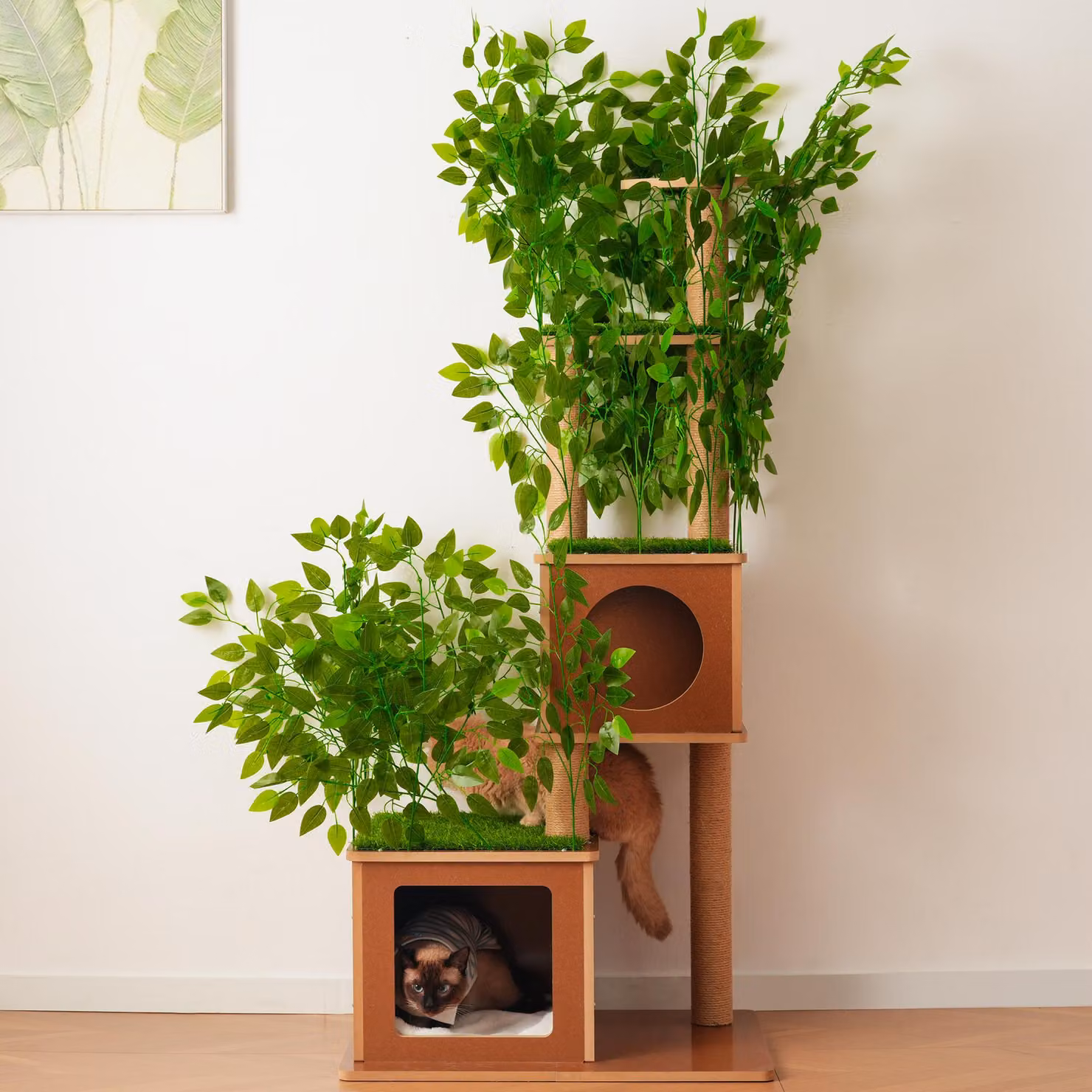MODFU, Albero per gatti Katzenbaum, 175 cm, taglia XXL, con 2 rifugi per gatti, pali in sisal per graffiare e piattaforme per arrampicarsi. Arredamento per gatti dal design a albero, adatto a più gatti. Colore: marrone e verde