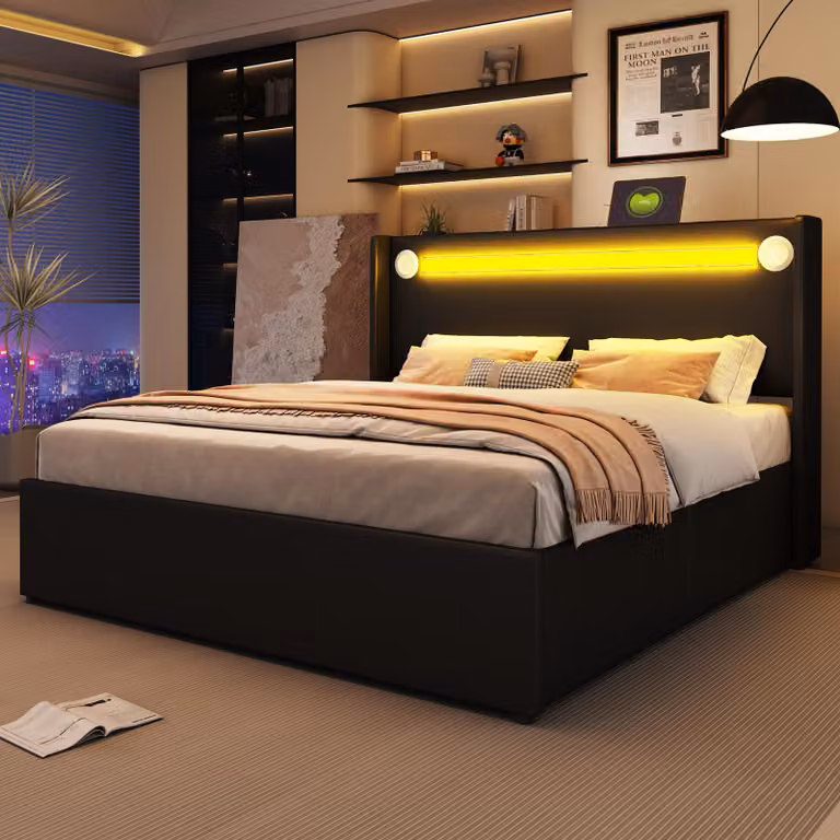 Letto imbottito Merax 160x200 cm con striscia LED, letto per giovani con altoparlante Bluetooth, prese USB, spazio contenitore con sistema idraulico, rivestito in ecopelle, colore nero
