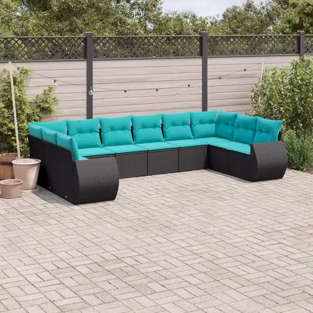 Set Divani da Giardino 10 pz con Cuscini Nero in Polyrattan 3221866