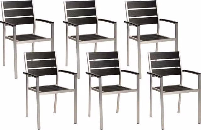 Set di 6 sedie da giardino Beliani con braccioli e schienale a doghe in alluminio anodizzato, nero e argento, impilabili