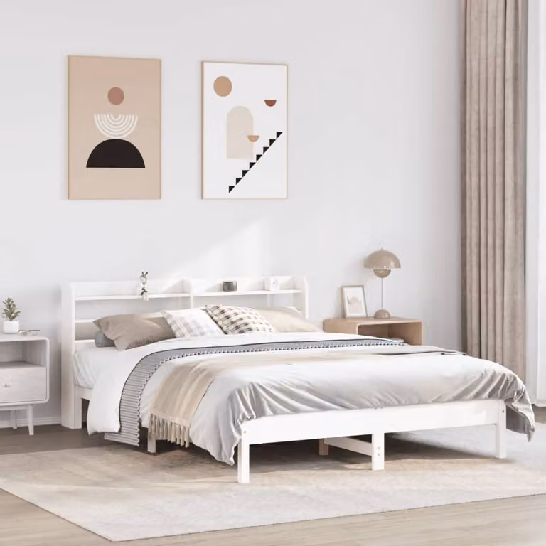 Letto in legno di pino massello bianco con ripiani laterali e doghe rigide 160 x 200 cm