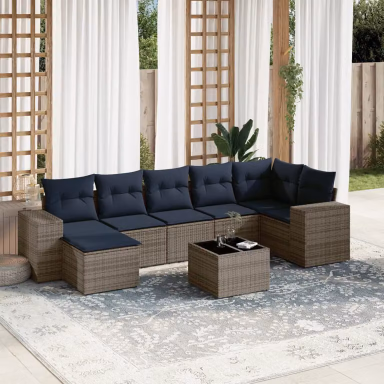 Set da giardino moderno vidaXL in polyrattan composto da 8 pezzi con cuscini grigi e blu, include elementi angolari, tavolino da esterno e pouf