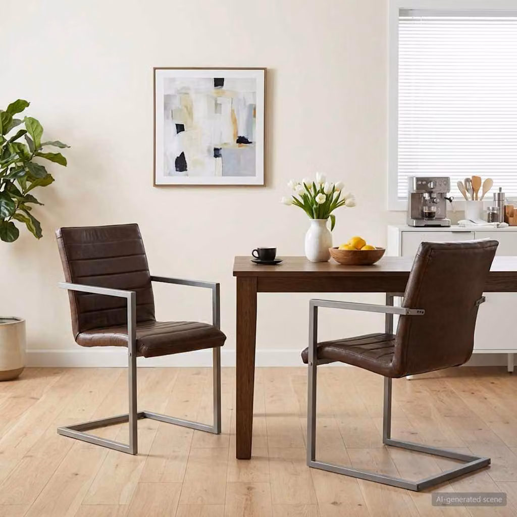 Set di 2 sedie da pranzo a sbalzo vidaXL in vera pelle marrone con struttura in metallo stile retro