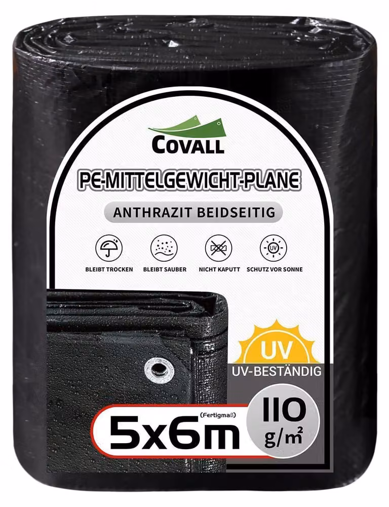 Telo protettivo 5x6 metri, di media resistenza, 110 GSM, impermeabile, resistente ai raggi UV, colore nero