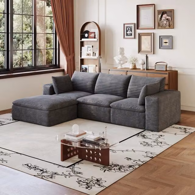 Divano modulare in tessuto color grigio scuro con imbottitura in schiuma