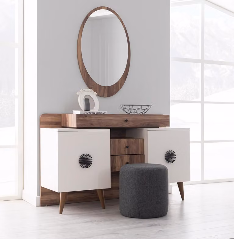Braun-Weißer Schminktisch Mit Spiegel Luxuriöse Schlafzimmer Holz Möbel