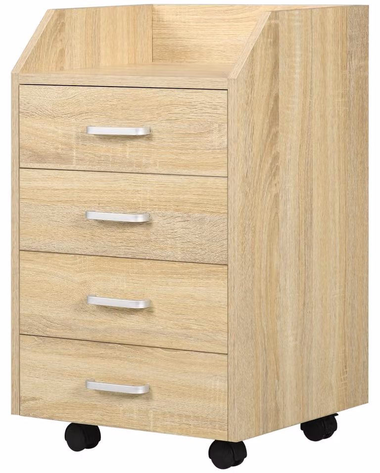Cassettiera da Ufficio con 4 Cassetti Ruote e Bordi Rialzati 40x36x65 cm in Legno Legno Naturale