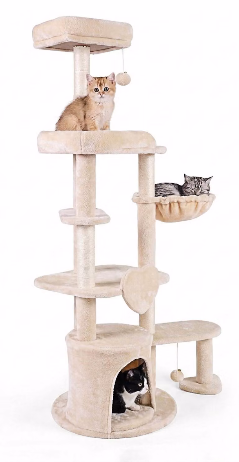 KOMFOTTEU, tiragraffi da 149 cm con cuccia, piattaforma e palline per gatti
