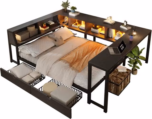 Letto multifunzionale in metallo e MDF con scrivania integrata, testiera contenitore e illuminazione LED, nero e multicolore, L/P: 140 x 200 cm – 1