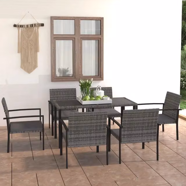 Set da pranzo da giardino moderno vidaXL in polyrattan grigio e nero con tavolo rettangolare in vetro e 7 pezzi