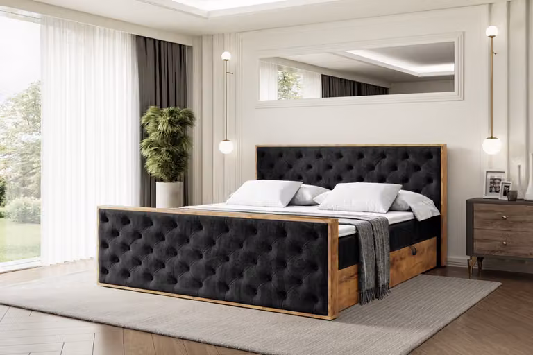 Letto boxspring ALTDECOR con materasso e rete a doghe, topper, pediera, letto imbottito con contenitore, letto con spazio contenitivo, materasso H3, letto matrimoniale, letto a cassettoni - LOLLI3-Z - 140x200 - Nero Casablanca