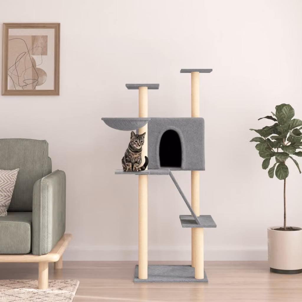 Albero per gatti vidaXL con tiragraffi in sisal e amaca, colore grigio, Altezza: 143 cm