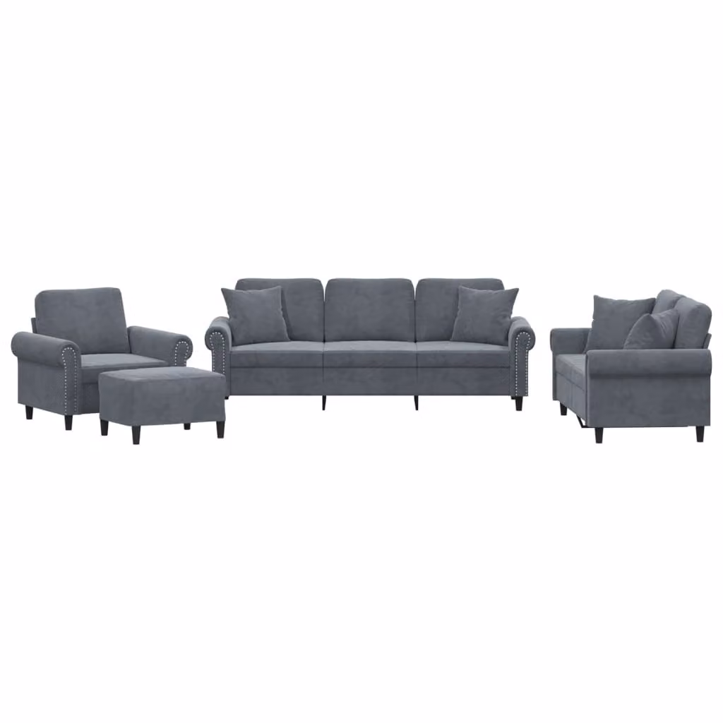 Set di Divani 4 pz con Cuscini Grigio Scuro in Velluto