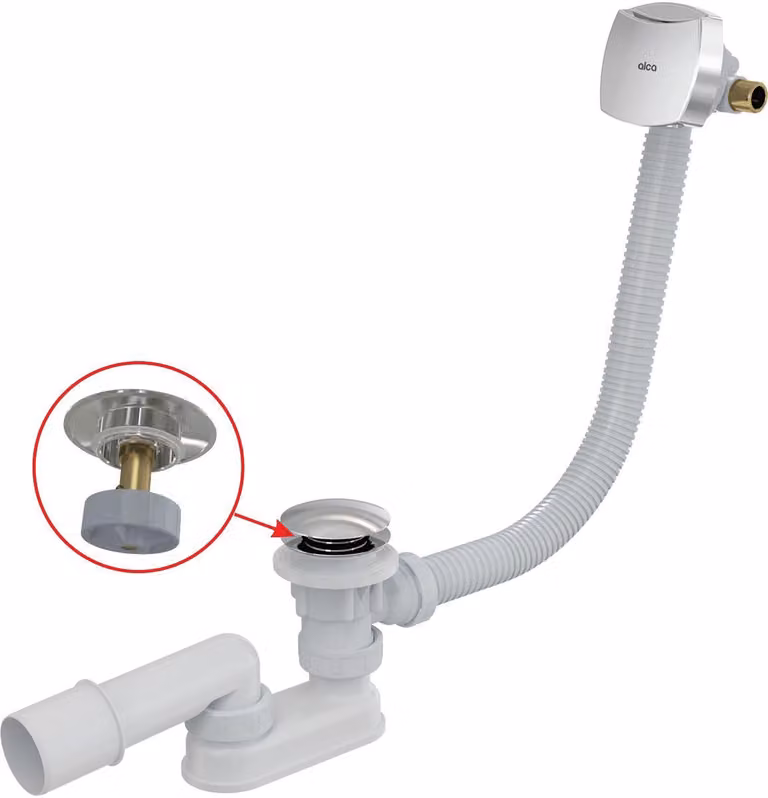 Set di scarico e troppopieno per vasca da bagno Alcadrain CLICK/CLACK con funzione di riempimento per vasche da bagno a pareti spesse, cromato, 80 cm