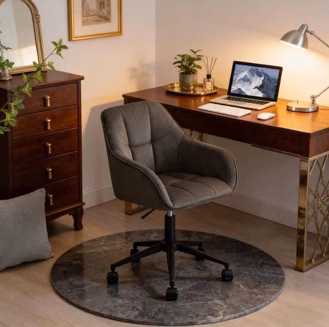 Sedia ergonomica girevole moderna in velluto grigio con braccioli e ruote per ufficio e casa – 1