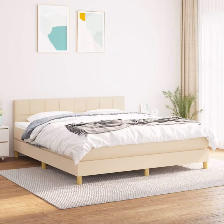 vidaXL Letto Ibrido con Giroletto a Molle e Materasso in Tessuto Beige e Bianco L/P: 160 x 200 cm
