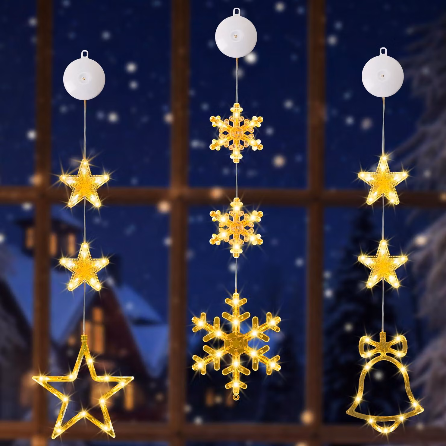 Set di 3 luci LED per finestre: stelle, campana, fiocchi di neve