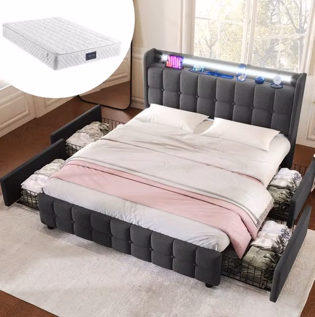 Letto matrimoniale 140x200 cm con 4 cassetti; testiera con prese e USB; LED; grigio