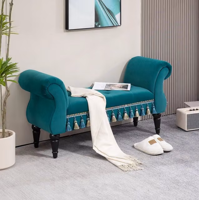 Panca imbottita MODFU in velluto verde con struttura in legno massello L: 150 cm, P: 40 cm, H: 58 cm – 1