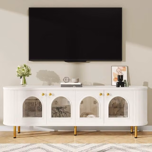 Mobile TV Zephmum bianco con ante in vetro e dettagli dorati L: 170 cm, P: 35 cm, H: 55 cm