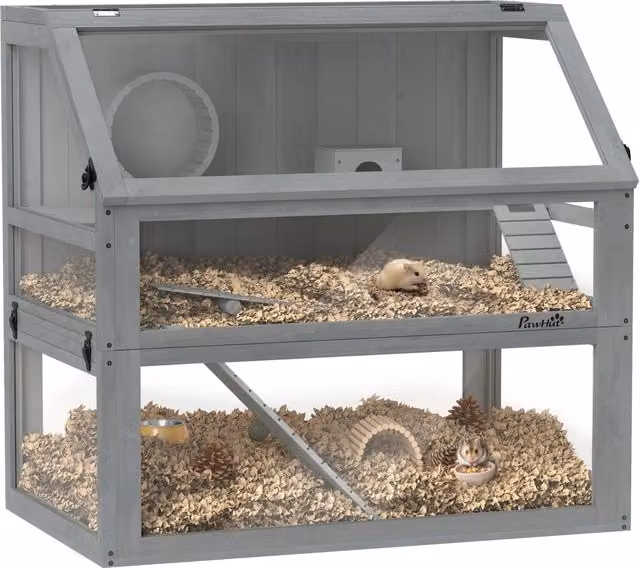 Gabbia per criceti Xylo in legno di abete a 3 piani con cassetto, grigio, L: 80 cm, P: 50 cm, H: 76 cm
