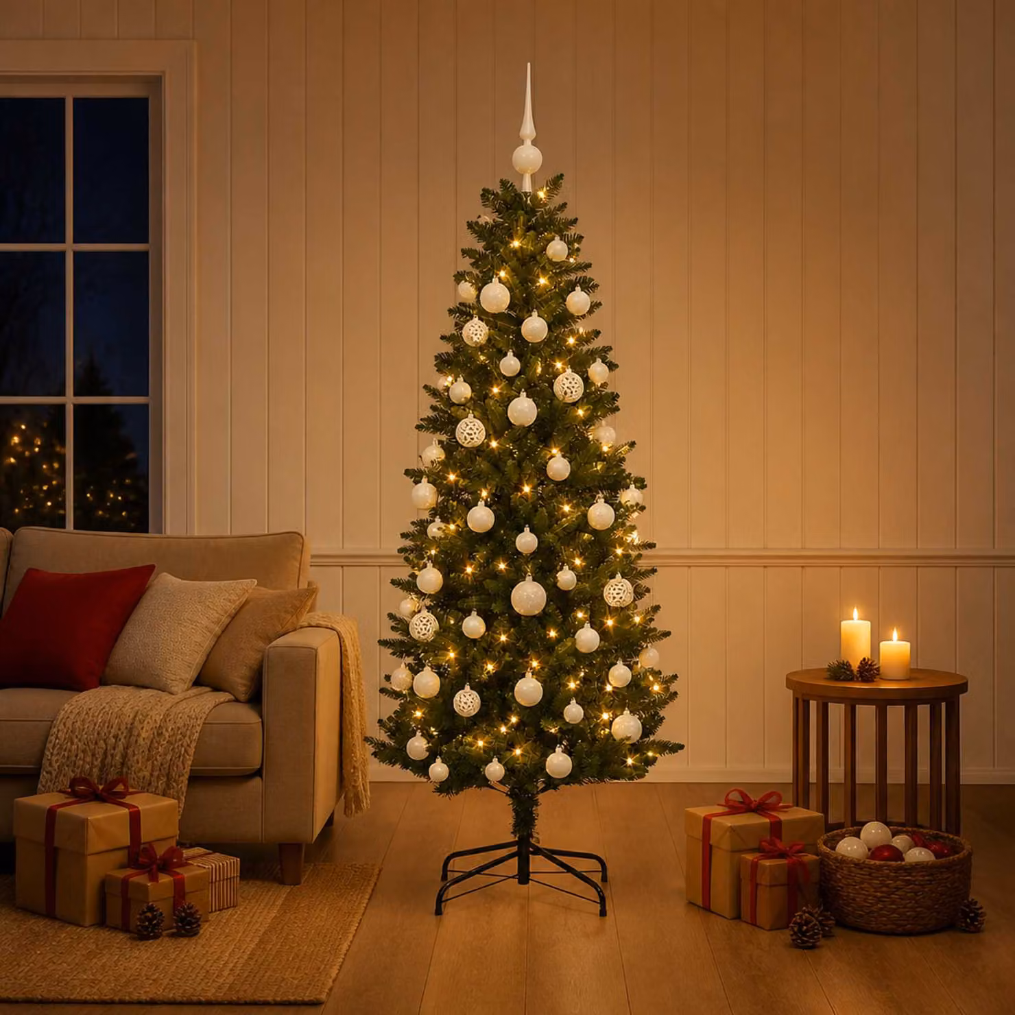 Albero di Natale Artificiale Moderno vidaXL Verde con 150 LED Warm White e Palline, Altezza: 120 cm