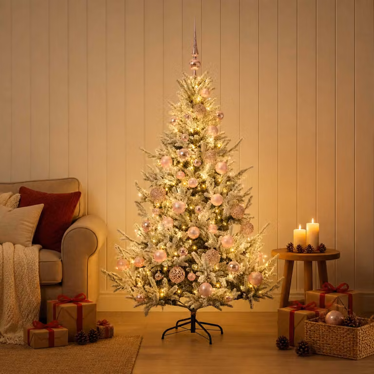 Albero di Natale artificiale moderno vidaXL verde con 150 LED bianco caldo e decorazioni bianche, Altezza: 120 cm