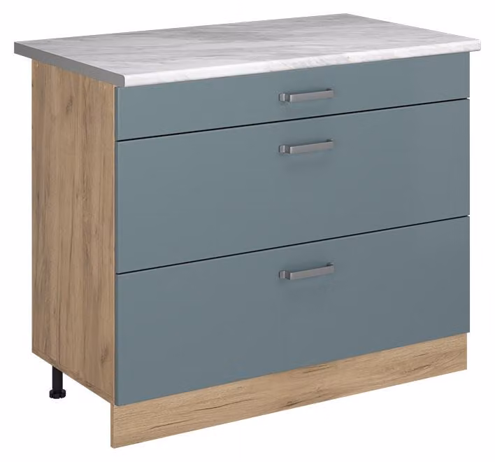 Mobiletto base per cucina Vicco R-Line Grigio-blu/Rovere dorato 100 cm piano di lavoro Marmo, Model 71642