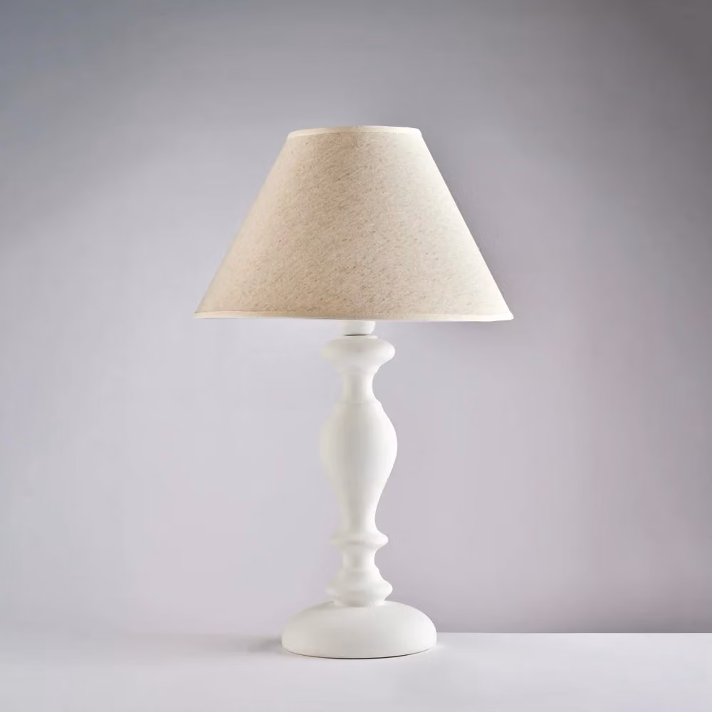 Lampada da Tavolo Shabby Chic Bonetti Illumina in Bianco e Beige con Paralume in Tessuto e Base in Ceramica e Legno, Attacco E27 – 2