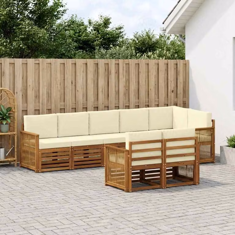 Set di divani da esterno vidaXL 7 pz in legno di acacia con cuscini, forma a L, colori marrone, bianco e beige