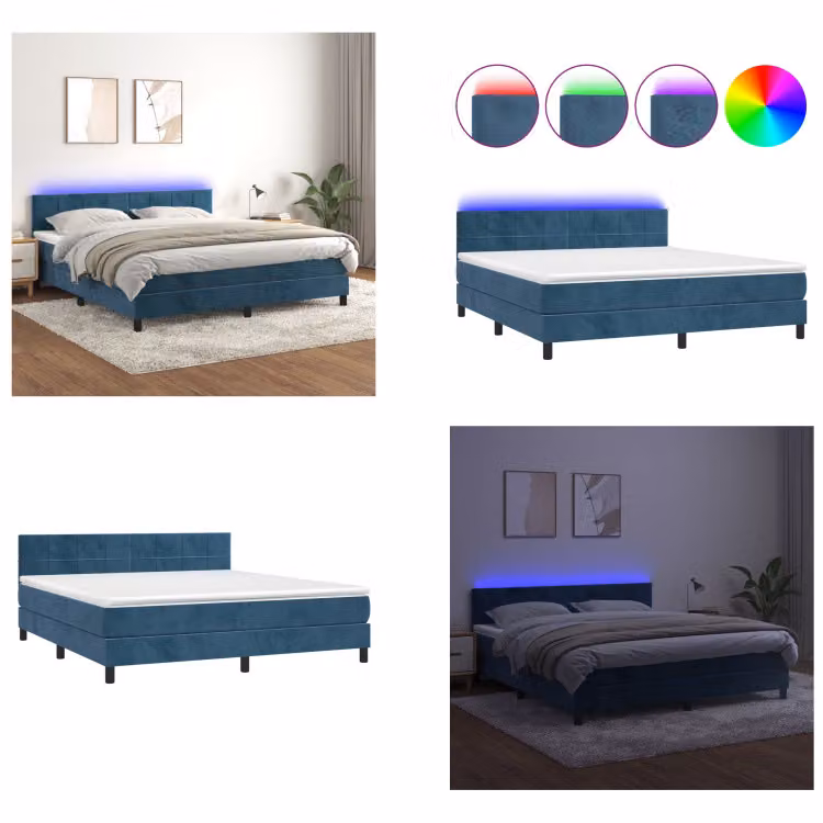 vidaXL Letto a molle con materasso e LED blu scuro 180x200 cm in velluto - Letto a molle - Letto a molle - Letto - Letti