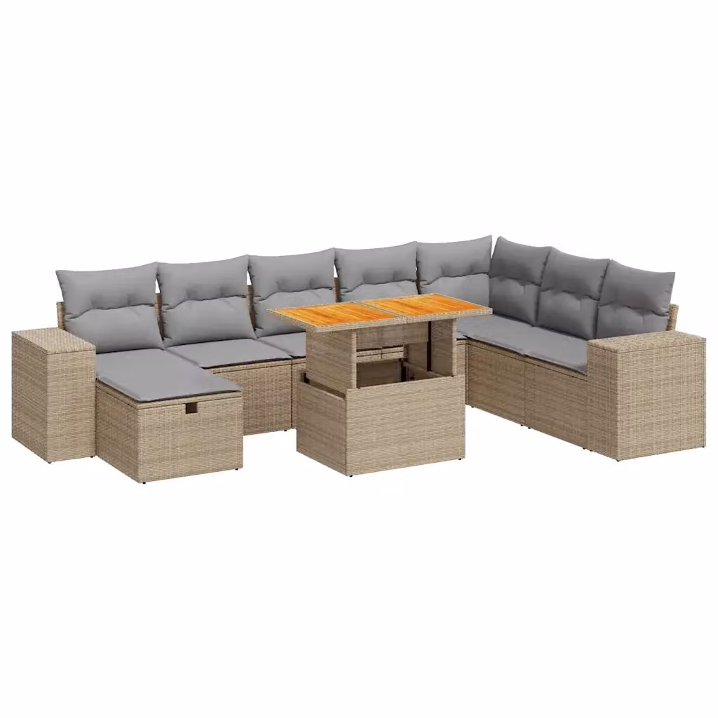 Set Divano da Giardino a Forma di U vidaXL in Polyrattan e Legno di Acacia con 9 Pezzi e Cuscini Beige – 2