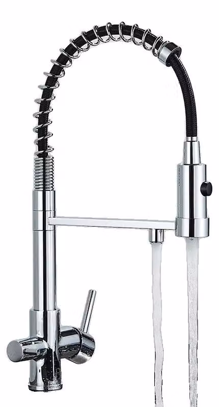 Miscelatore da cucina filtrato, con due manopole, beccuccio flessibile, finitura cromata