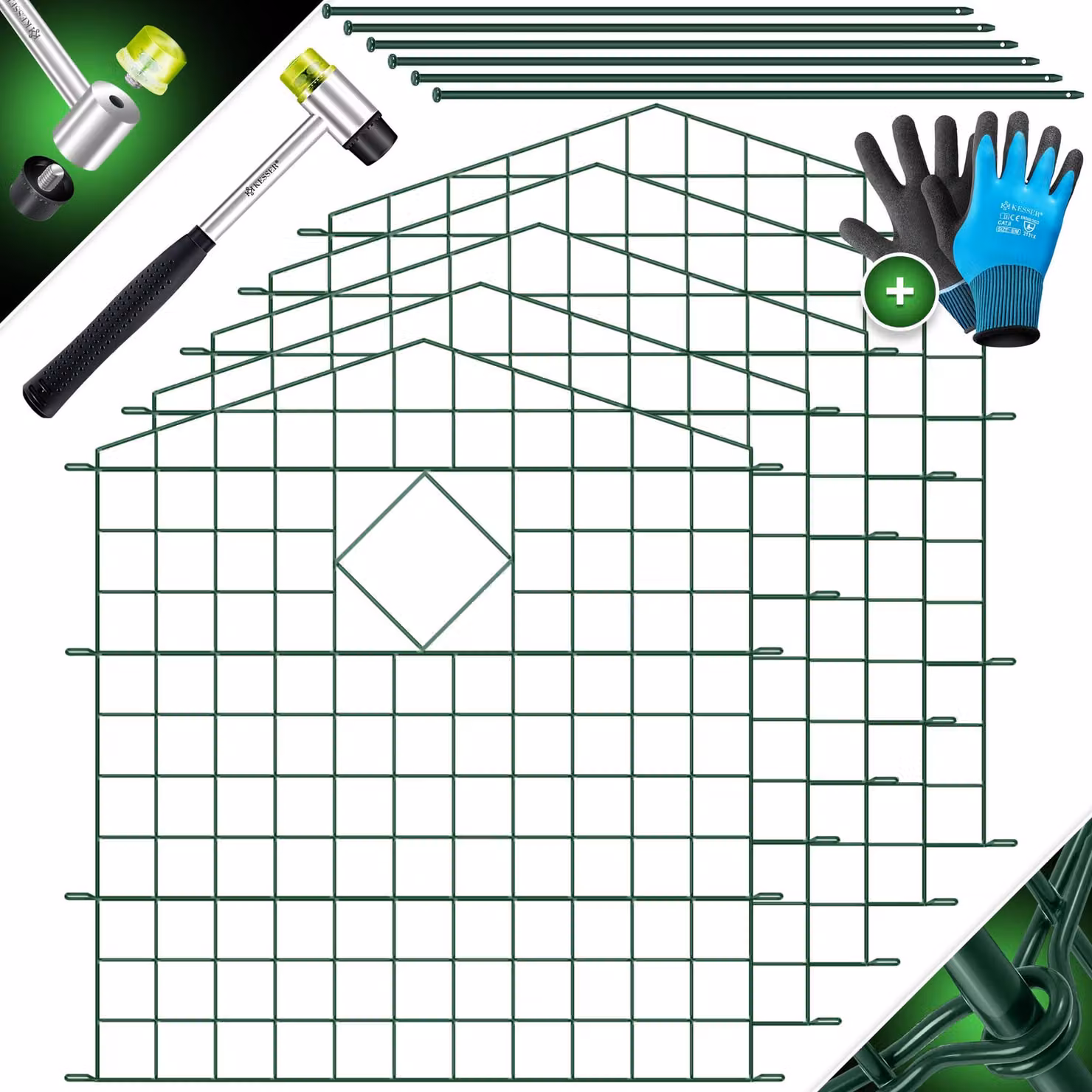 KESSER® Recinzione per stagni, recinzione da giardino, sistema a pannelli, set completo in metallo, parte superiore arrotondata, inclusi martello e pali