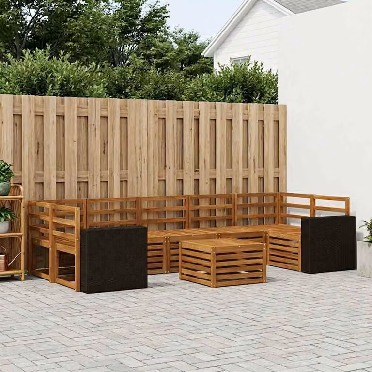 Set di divani da esterno a forma di U vidaXL in legno di acacia massello marrone con 8 pezzi e cuscini inclusi
