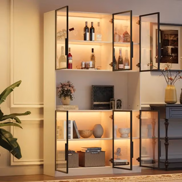 Vetrina ULEVR 120x34x200 cm con 6 ante in vetro, LED regolabile tramite app, MDF bianco