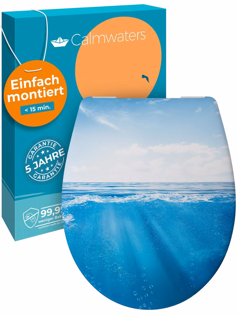 Sedile per WC Calmwaters® con motivo a lustro marino, facile da installare, coperchio per WC fino a 250 kg, EU, duroplastica antibatterica, meccanismo di chiusura morbida, 2 opzioni di installazione, rimovibile, sedile per WC, ovale