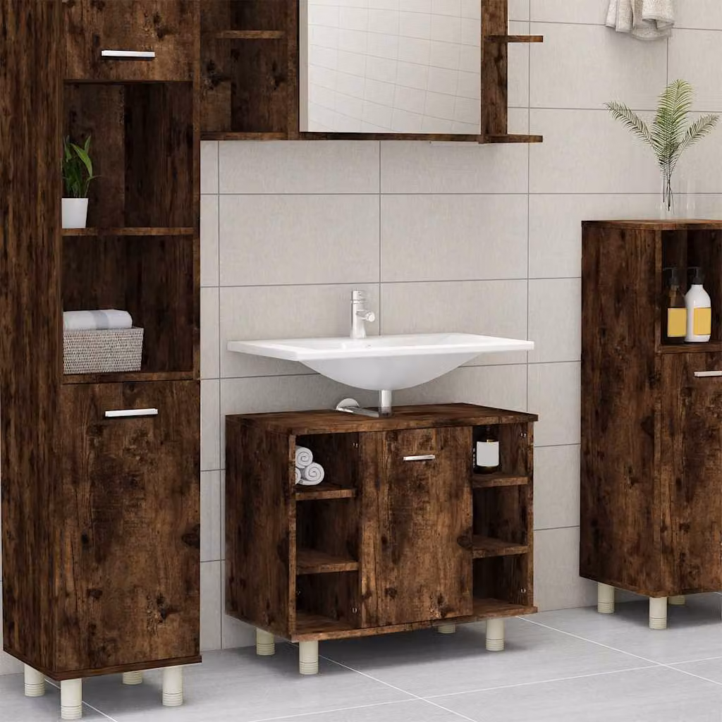 Armadietto da bagno moderno vidaXL in legno rovere fumo con ante a battente, L: 60 cm, P: 32 cm, H: 53,5 cm