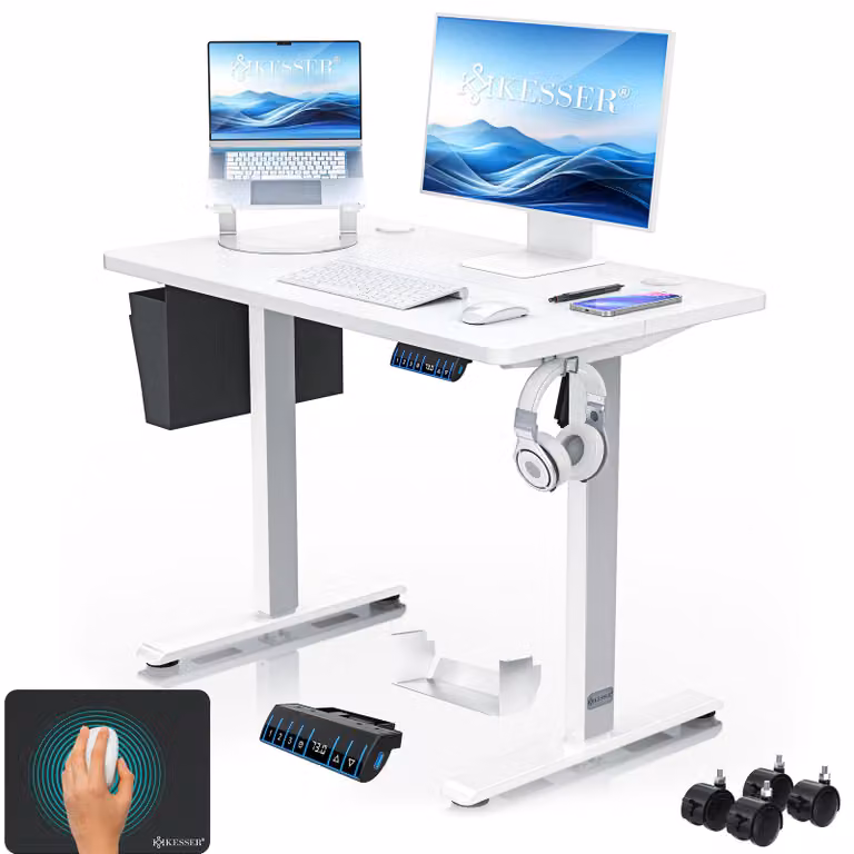Scrivania regolabile in altezza KESSER®, elettrica, con memoria a 3 posizioni, inclusi rotelle e porta USB