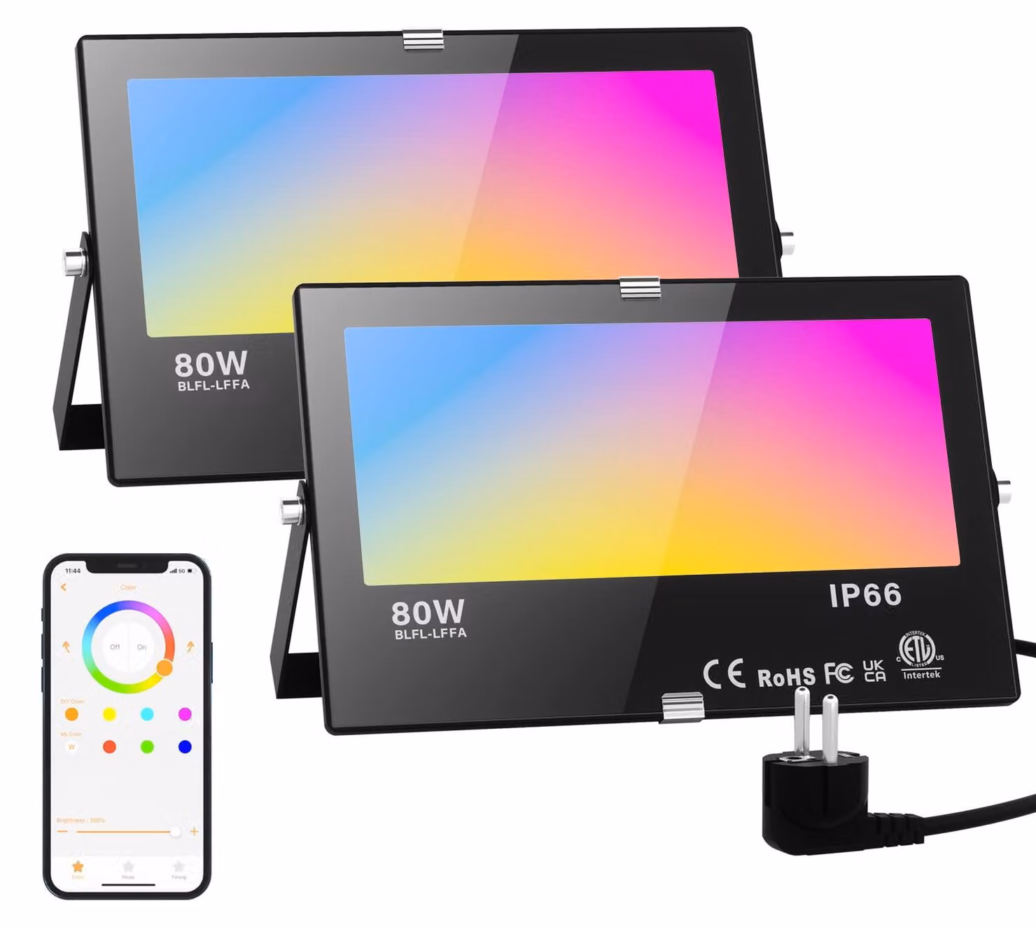 Set di 2 fari LED RGB per esterni, 80 W, 8000 lumen, grado di protezione IP66, controllo tramite app, Bluetooth
