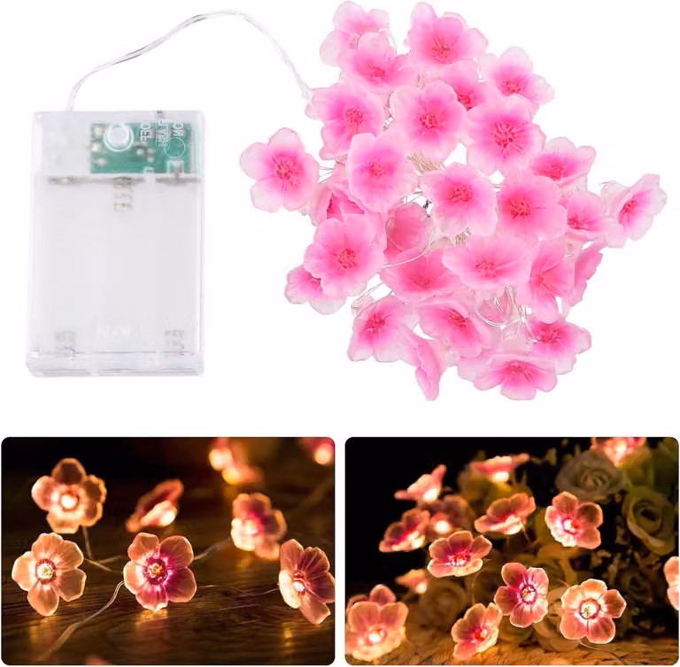 Catena luminosa a LED con decorazioni a forma di fiori di ciliegio - Alimentazione a batteria o tramite USB - Adatta per interni, matrimoni e feste