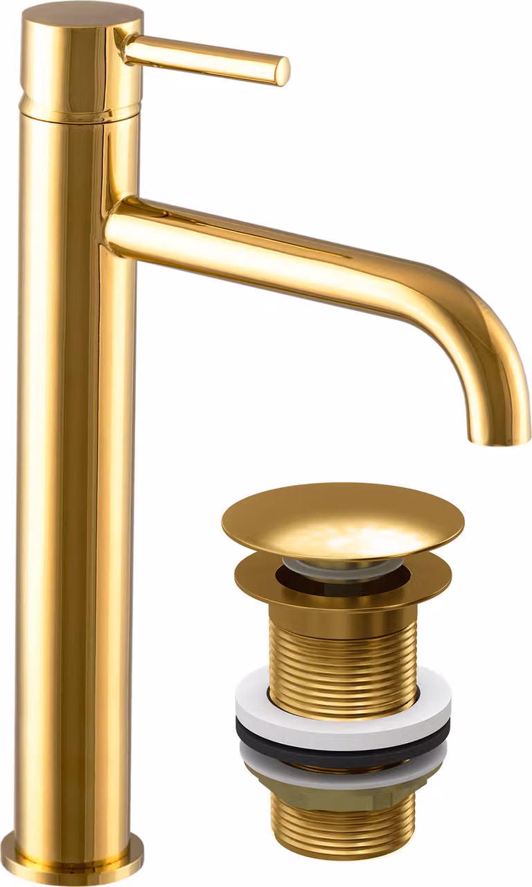 Granitan - Rubinetto per lavabo - Rubinetto da bagno - versione alta - oro - con tappo a scatto - KIVO